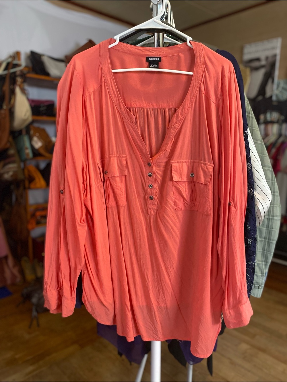 torrid Coral Button-Pocket Henley Blouse